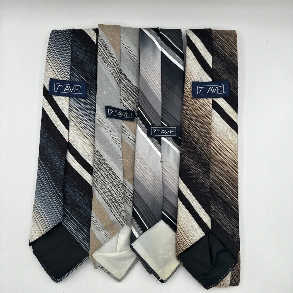 7th Ave Men's Necktie Lot of 4 Striped Brown Gray Black White Dress Ties
